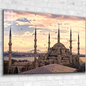 Blue Mosque Istanbul Tempered Glass Printing Wall Art , Vivid Wall Decor ,Extra Large Wall Art, Gift Wall Painting , Mega Glass Wall Decor