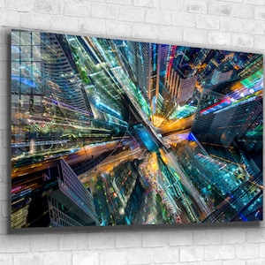 Night City Cityscape Photo Tempered Glass Printing Wall Art, Extra Large Wall Art, Christmas Gift, Mega Glass Wall Decor, Cityscape Scenery
