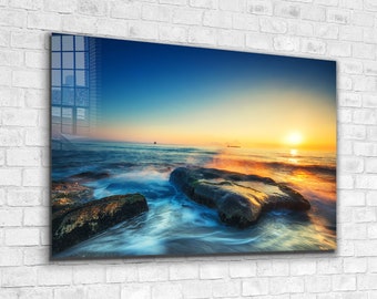 Sunset at the Beach Tempered Glass Printing Wall Art , Natural And Vivid Wall Decor , Modern Wall Art, Extra Large Wall Art