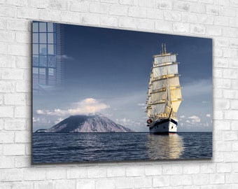 Sail Ship Tempered Glass Printing Wall Art , Vivid Wall Decor ,Extra Large Wall Art, Mother's Day GiftArt , Mega Glass Wall Decor