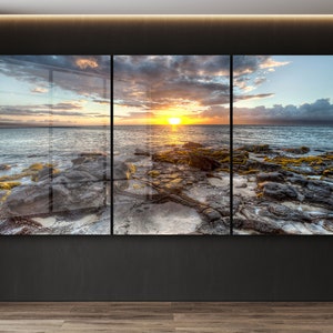 Tempered Glass 3 Panel Wall Art: Seascape Sunset Decor
