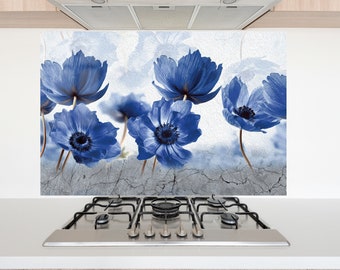 Décoration de cuisine/Dosseret de cuisine/Planche à découper/Dosseret en verre trempé/Décoration murale de cuisine/Dosseret de fleurs bleues