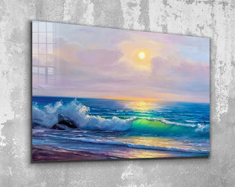 Tempered Glass Wall Art / Extra Large Wall Art / Mother's Day Gift/ Mega Glass Wall Decor / Ocean Painting Glass Art