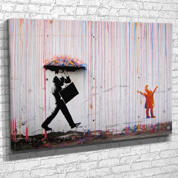 Banksy Rainbow Rain Canvas Print , Canvas Art , Canvas Home Decor , Modern Wall Art, Canvas Wall Set , Extra Large Wall Art