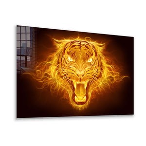 Flame Tiger  Glass Wall Art / Acrylic Glass Art / Floating Frame Option / Canvas Wall Decor / Christmas Gift / Abstract Animal Wall Art