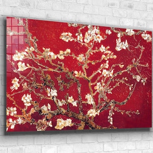 Van Gogh Blooming Almond Tree Red Ground Tempered Glass and Canvas Wall Art, Modern Wall Art, Extra Large Wall Art