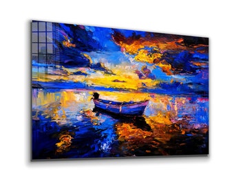Tempered Glass Wall Art: Boat on Sea Oil Painting, Floating Frame