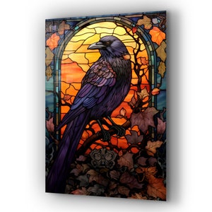 Tempered Glass Wall Art / Stained Wall Art / Halloween Wall Decor / Large Wall Art / Crow Window Decor / Halloween Gift