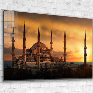 Blue Mosque Tempered Glass Printing Wall Art , Natural And Vivid Wall Decor , Modern Wall Art, Extra Large Wall Art