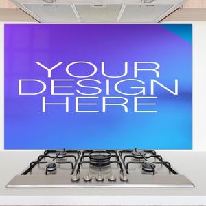 May include: A stainless steel stovetop with five burners and a black glass surface. The stovetop is in front of a purple and blue gradient background with the text "YOUR DESIGN HERE".