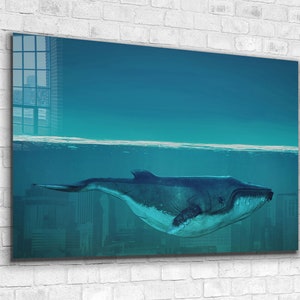 Whale Tempered Glass Wall Art: Underwater City Vivid Decor