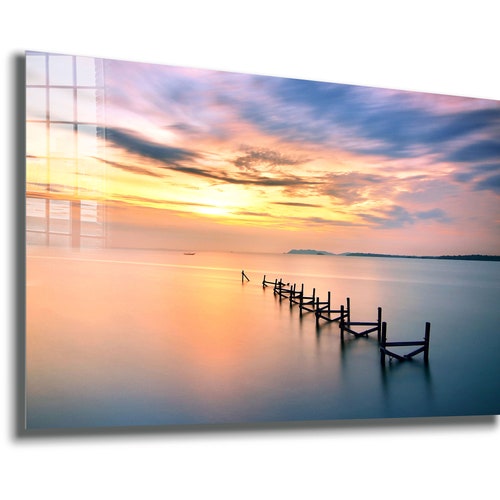 Seashore , Pier Wreck Tempered Glass Printing Wall Art , Natural shops And Vivid Wall Decor , Modern Wall Art, Extra Large Wall Art