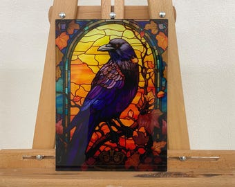 Art mural en verre trempé / art mural teinté / décoration murale Halloween / grande oeuvre d&#39;art murale / décoration de fenêtre corbeau / cadeau d&#39;Halloween