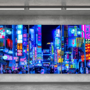 Mega Size Tempered Glass 3-Panel Wall Art: Neon Cityscape