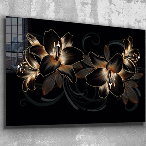 Golden Flower  Abstract Tempered Glass Print  Wall Art ,  Extra Large Wall Art