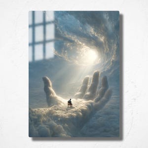 May include: An artistic print depicts a giant hand made of clouds, with a small figure sitting on a chair in the palm. The background features a swirling vortex of clouds and sunlight, creating a surreal and dreamlike scene.