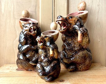 Joseph Holdcroft Majolica Syrup Jugs, Set of Three Bear Syrup Jugs