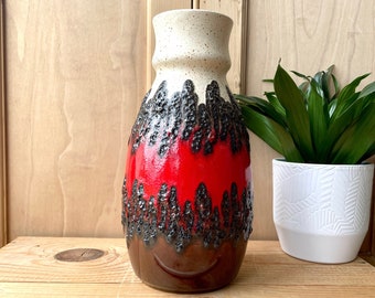 West German Bay Keramik 70-30 Vase, West German Pottery, Fat Lava Vase model, Cream, Red and Black Lava, West German Vase