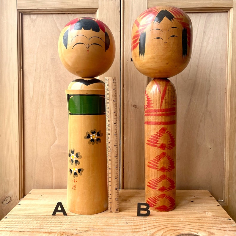 Vintage Japanese Kokeshi dolls, Japanese wooden Kokeshi dolls, Original Japanese wooden dolls, vintage far east decor, Large Kokeshi dolls. image 2