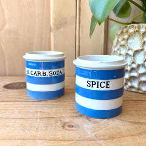 May include: Two ceramic spice jars with blue and white horizontal stripes. One jar reads "Bl. Carb. Soda" and the other reads "SPICE" in black capital letters. The jars have white rims and sit on a wooden surface.
