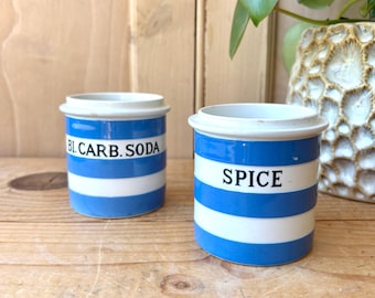 Vintage TG Green Blue and White Cornishware Storage Jars |  Bi. Carb. Soda and Spice Jars | Collectable TG Green.