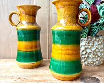 Pair of West German Ubelacker Keramik 1760-25 Vase | Green over tan high gloss West German water jugs | West German Pottery