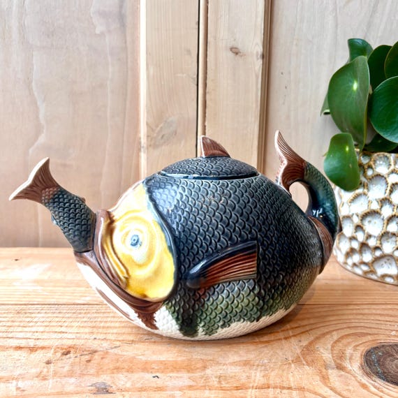 Antique Majolica Fish Swallowing Fish Teapot | Rare Antique