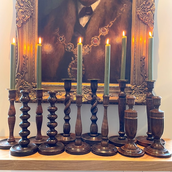 Antique Oak Candlestick holders, Barleytwist Candlesticks, Tall Candlestick holders, Bobbin Candlestick holders, Turned candlestick holders