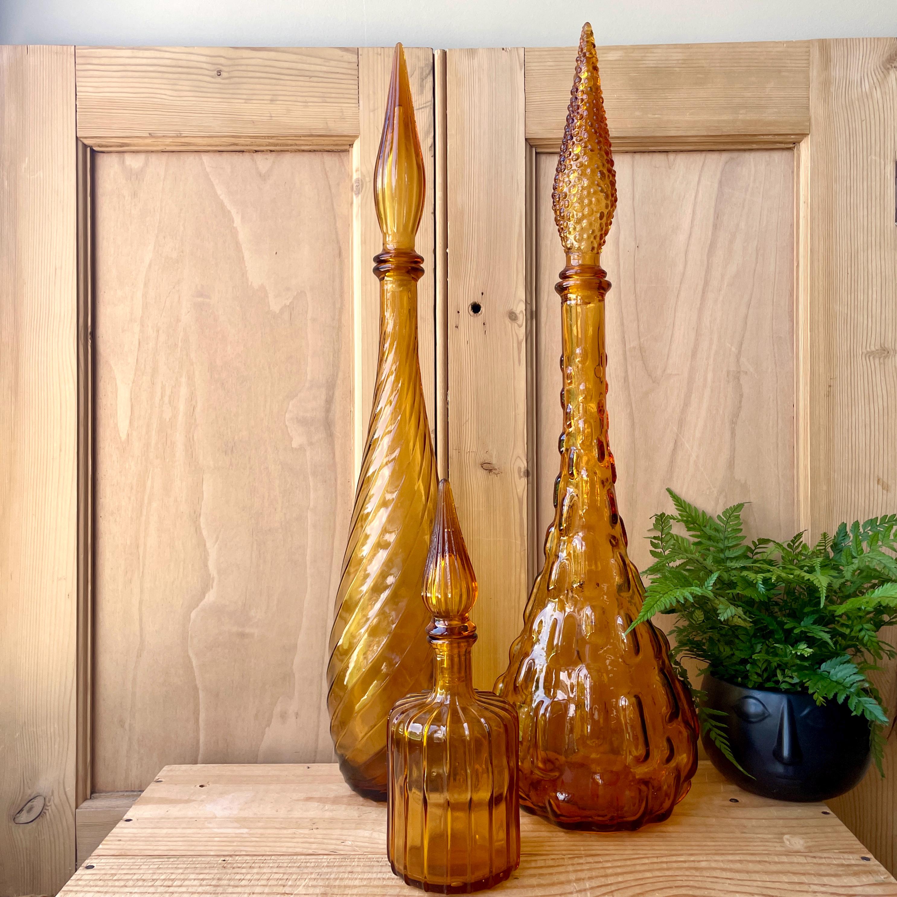Empoli Genie Bottles, Italian Empoli Amber Glass Genie Bottles