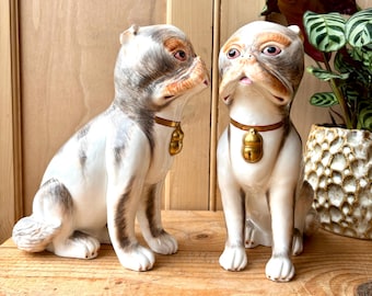 Vintage hand painted Sutherland Bone China Pug dogs | Pair of Mantle Pug Dogs | Qianlong Pug Dogs | Mantel Dogs