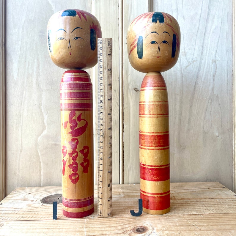 Vintage Japanese Kokeshi dolls, Japanese wooden Kokeshi dolls, Original Japanese wooden dolls, vintage far east decor, Large Kokeshi dolls. image 6