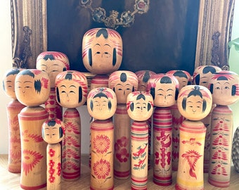 Vintage Japanese Kokeshi dolls, Japanese wooden Kokeshi dolls, Original Japanese wooden dolls, vintage far east decor, Large Kokeshi dolls.