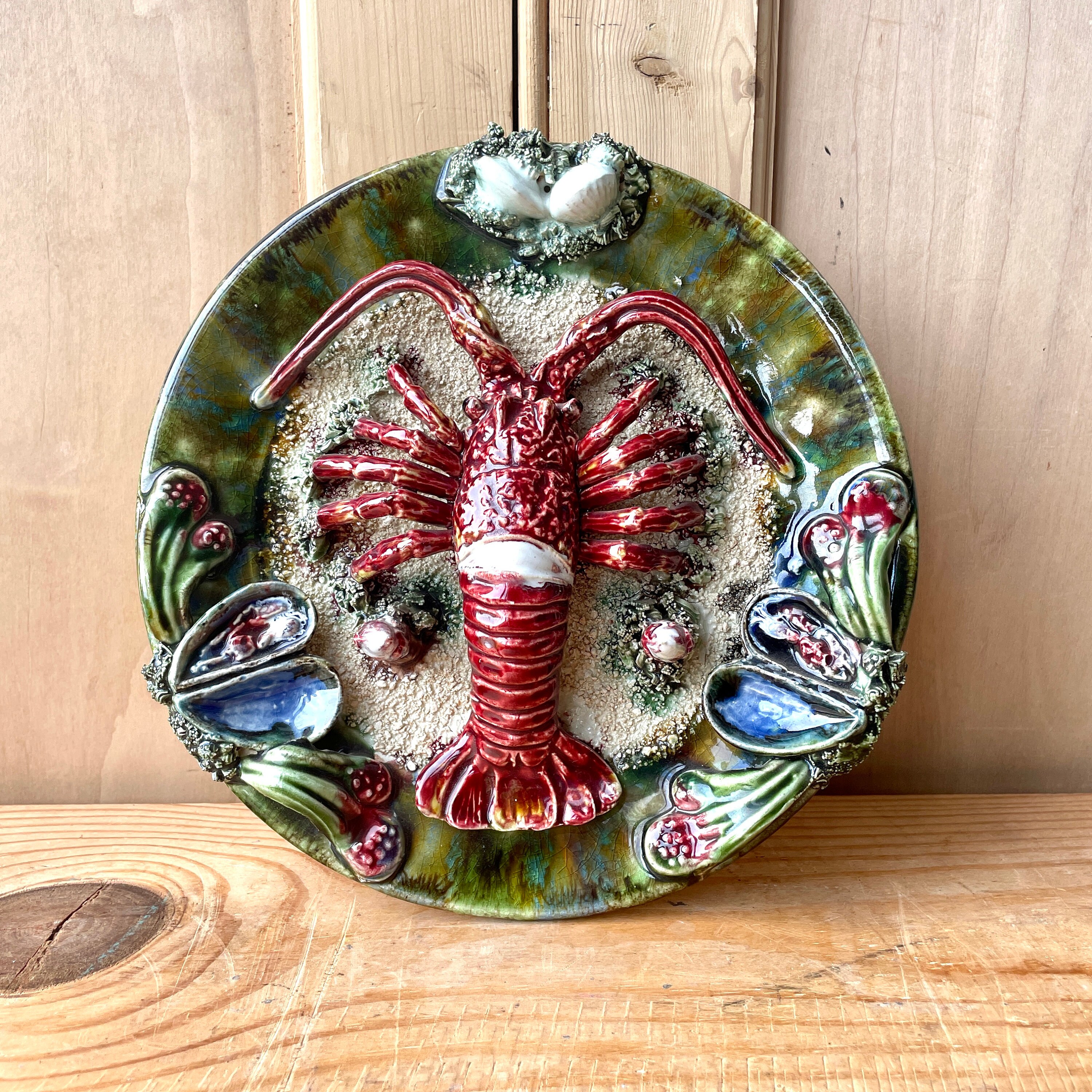 Vintage Majolica Caldas Da Rainha Palissy Portuguese Lobster Plate