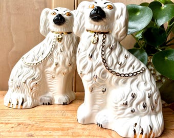 Vintage Beswick Mantle Dogs Model 1378-3 | Staffordshire Flatbacks | White and Gilded Hand Painted 10" Dogs
