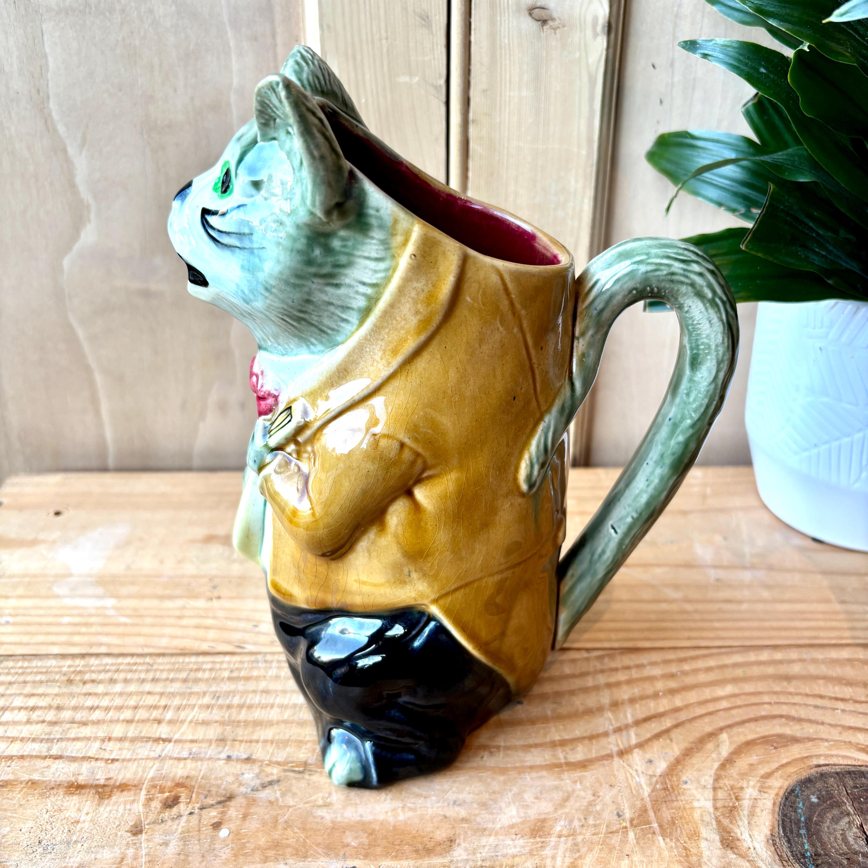 Antique French Majolica Absinthe Pitcher | Vintage Majolica Cat