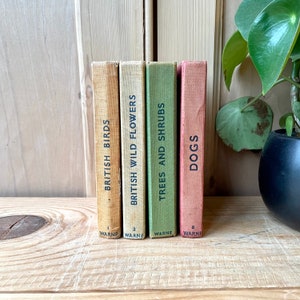 Könnte beinhalten: Vier antike gebundene Bücher mit bunten Rücken und weißem Text. Die Titel lauten "British Birds", "British Wild Flowers", "Trees and Shrubs" und "Dogs".