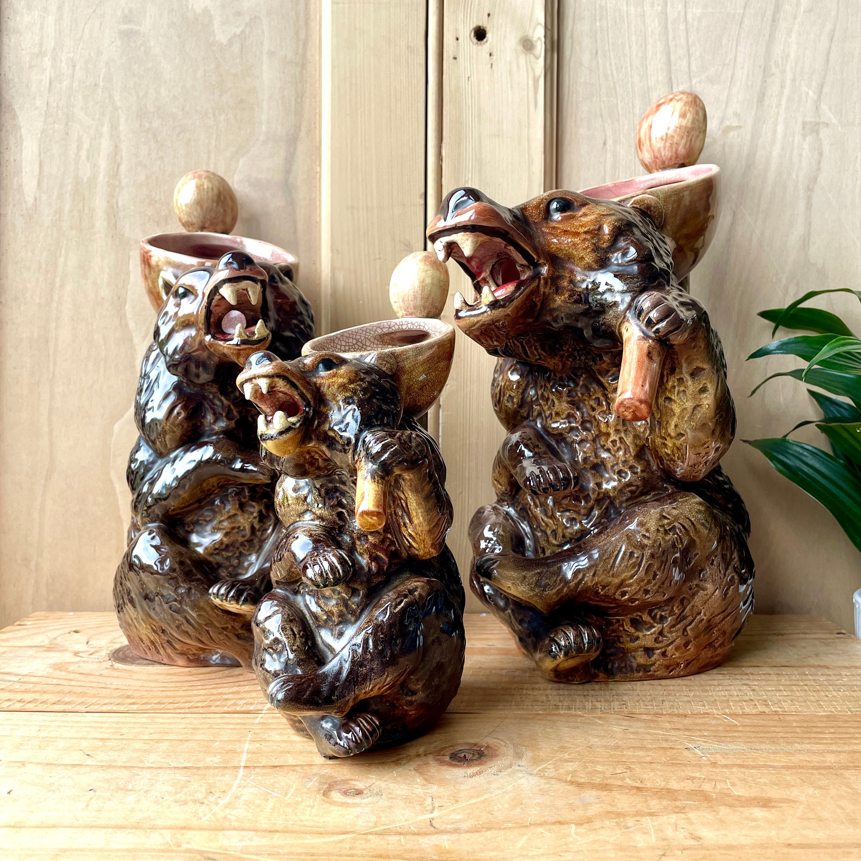 Joseph Holdcroft Majolica Syrup Jugs, Set of Three Bear Syrup Jugs