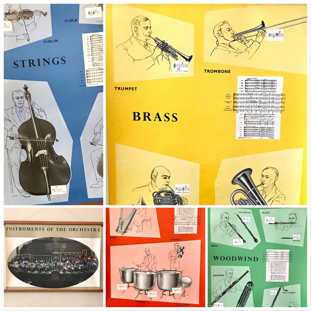 Vintage Educational Posters, Set of 5 Orchestral Posters, School
