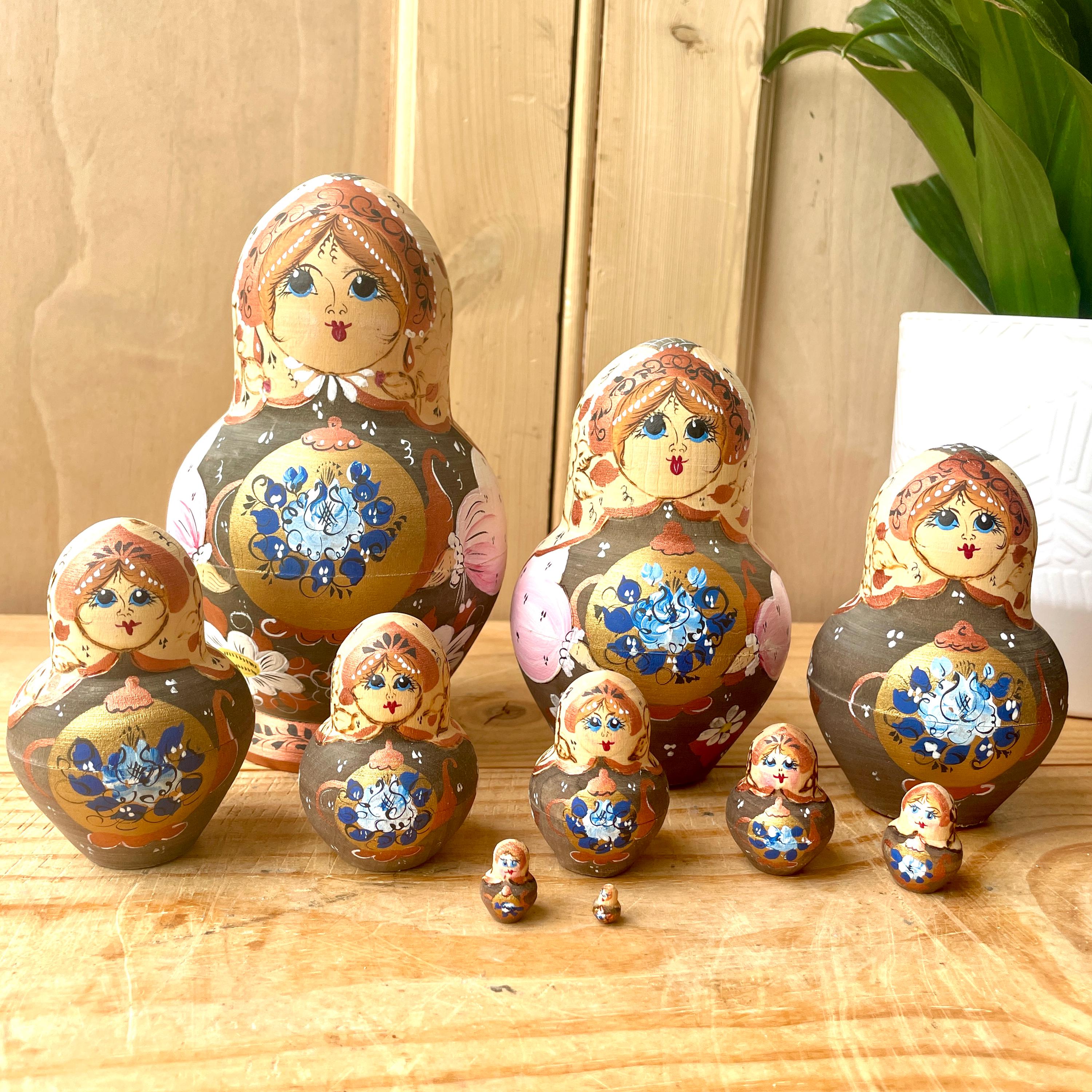 Vintage Matryoshka Nesting Dolls, Set of 10 Hand Painted