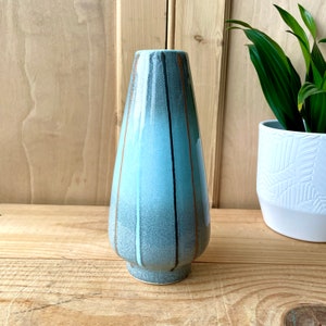 Peut inclure: Un vase en céramique bleu clair avec des rayures verticales de glaçure brune et blanche. Le vase a une forme arrondie et effilée et une large ouverture.