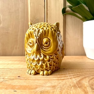 Peut inclure: Une figurine d'hibou en céramique avec un glaçage brun jaunâtre. Le hibou a une surface texturée détaillée et de grands yeux ronds.