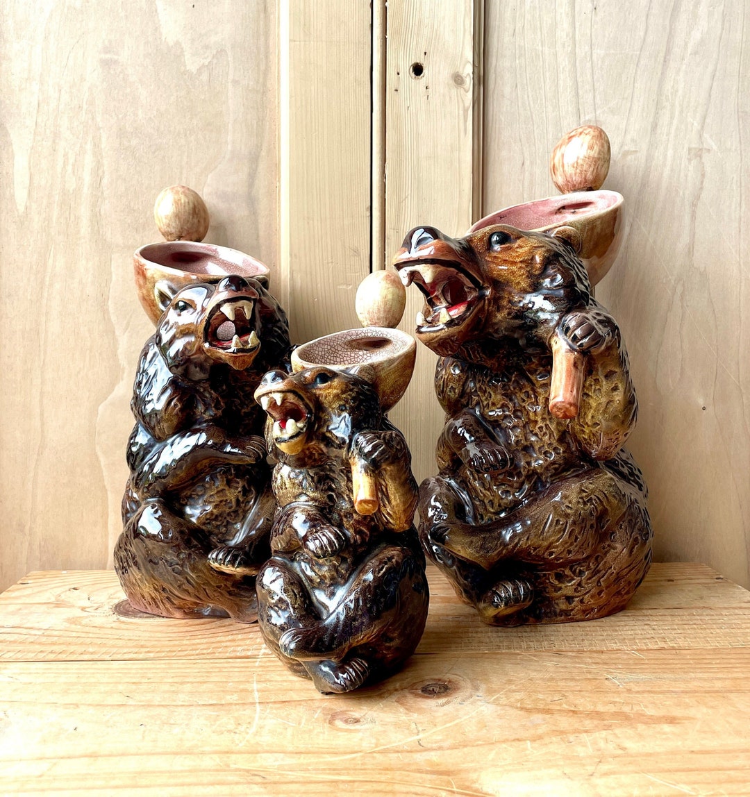 Joseph Holdcroft Majolica Syrup Jugs, Set of Three Bear Syrup Jugs