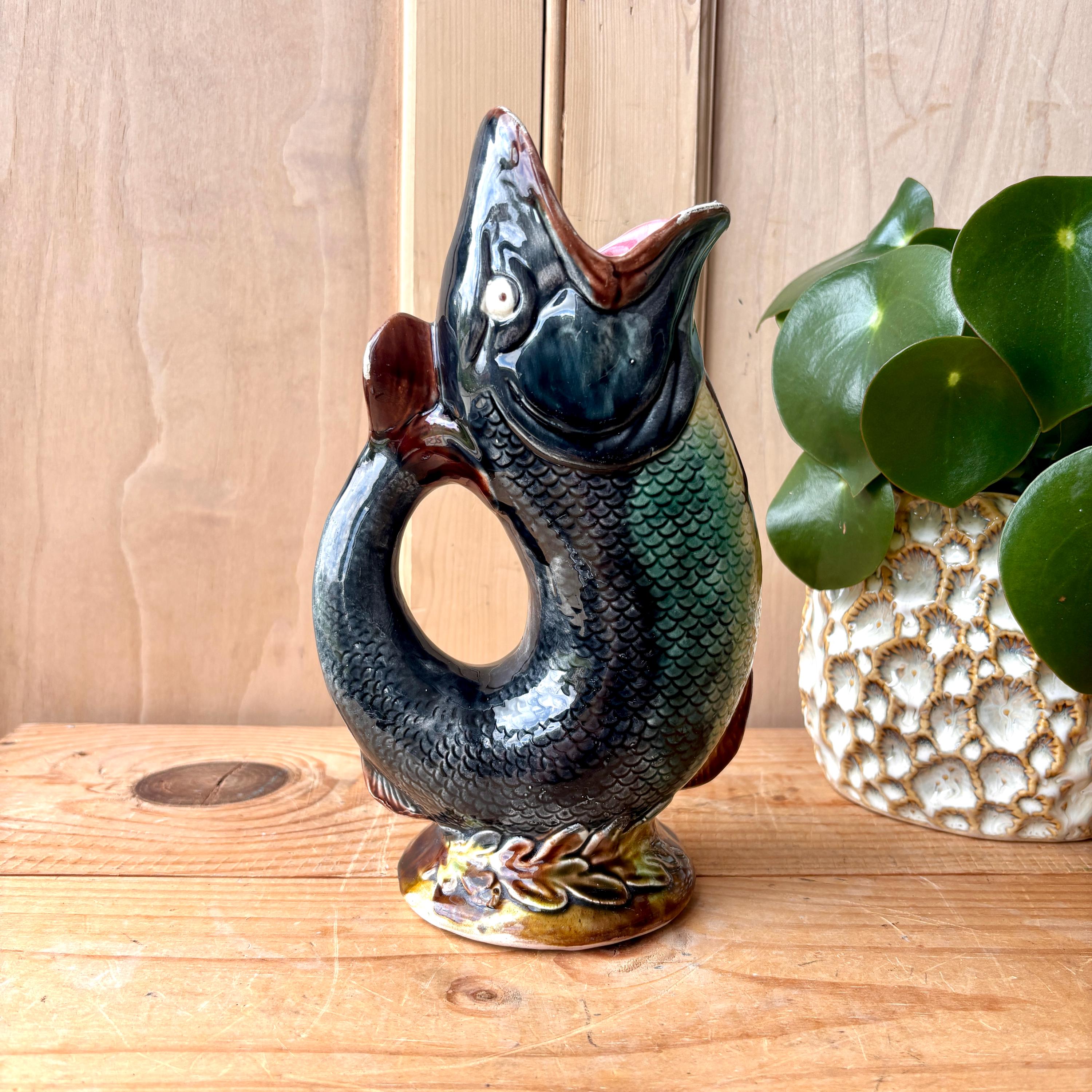 Antique Majolica Gurgle Jug Circa 1880, Majolica Gluggle Jug