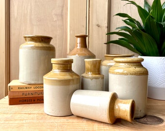 Antique Small Stoneware bottles, Small Stoneware Jars, Vintage Beige and Cream Stoneware Bottles