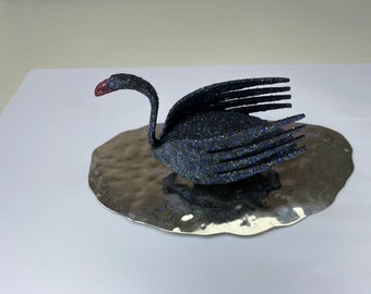 Beautiful black glittery stainless steel swan. Made from cutlery