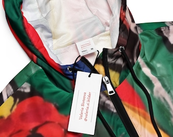 Cropped, women's windbreaker, for women, unisex, jacket, windbreaker, Valeria Sivtsova, autumn, painting, flowers, wreath, rule sheet, Ukraine