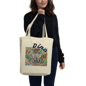 Bolsa de tela orgánica con Dinosaurio, Dino, Tiranosaurio, Rex, plateado, verde, dibujos animados, artículo para fans, para niños, para jóvenes, para adultos