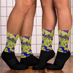 Colorful socks, floral pattern, mimosa, yellow mimosa, socks, blue, yellow, summer, statement socks, trend socks, designer socks, painting print