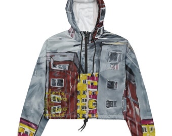 Cropped, women's windbreaker, for women, unisex, jacket, windbreaker, Valeria Sivtsova, autumn, paintings, concrete blocks, apartment block, GDR, gray