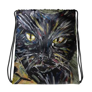 Cat backpack, drawstring bag with cat, black cat, cat sticker, famous cat, cute cat, cat love, gift, idea, animal lover